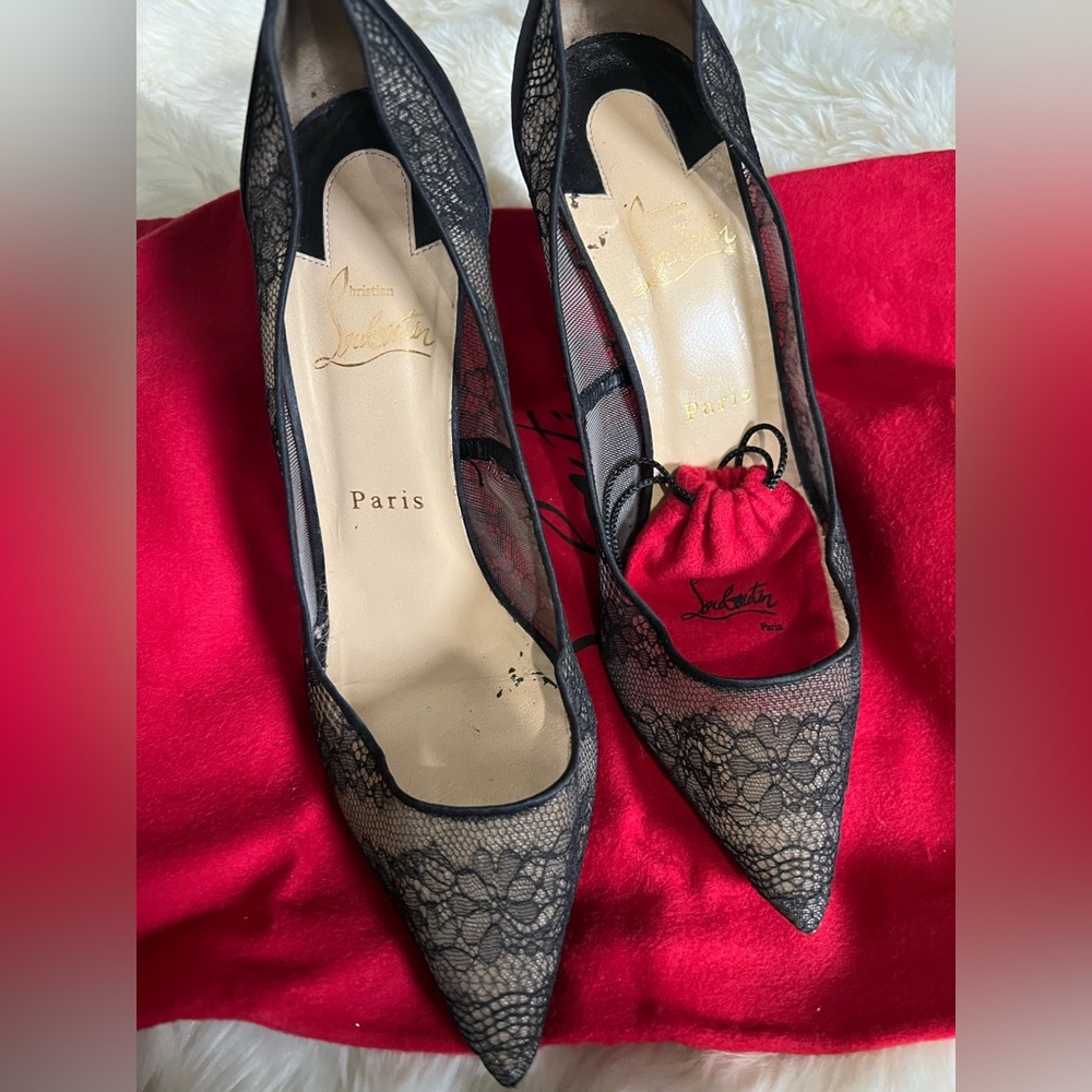 USED CHRISTIAN LOUBOUTIN Black Lace Heel Stiletto Pumps Shoes